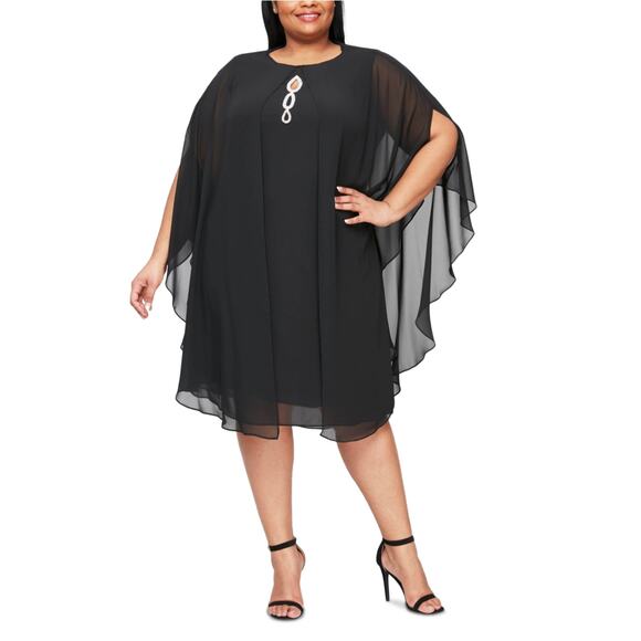 Black Beaded Chiffon Shift Cocktail Dress with Capelet Size 16W SLNY Cut Out - Picture 11 of 13
